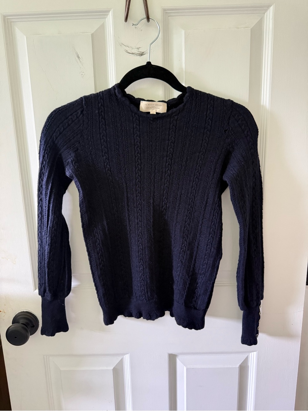 Sezane Navy Cable-Knit Crew Sweater